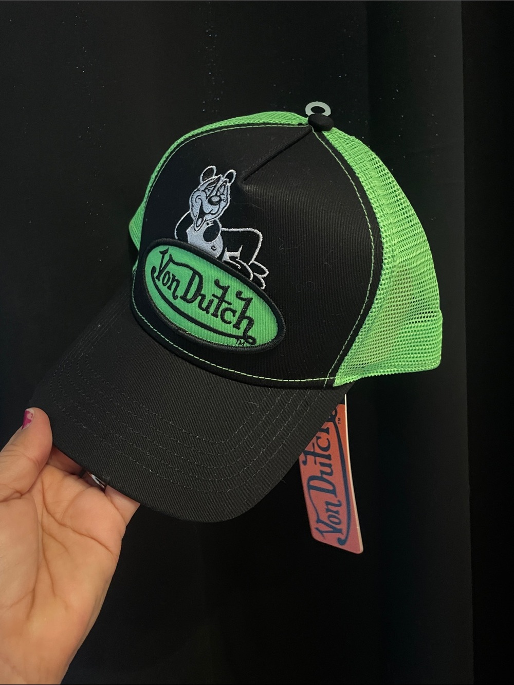 NWT Von Dutch Black & Neon Green Mesh Trucker Hat Mascot logo